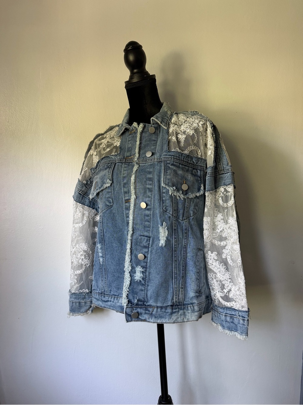 Lace Panel Distressed Light Wash Denim Jacket - Picture 3 of 11